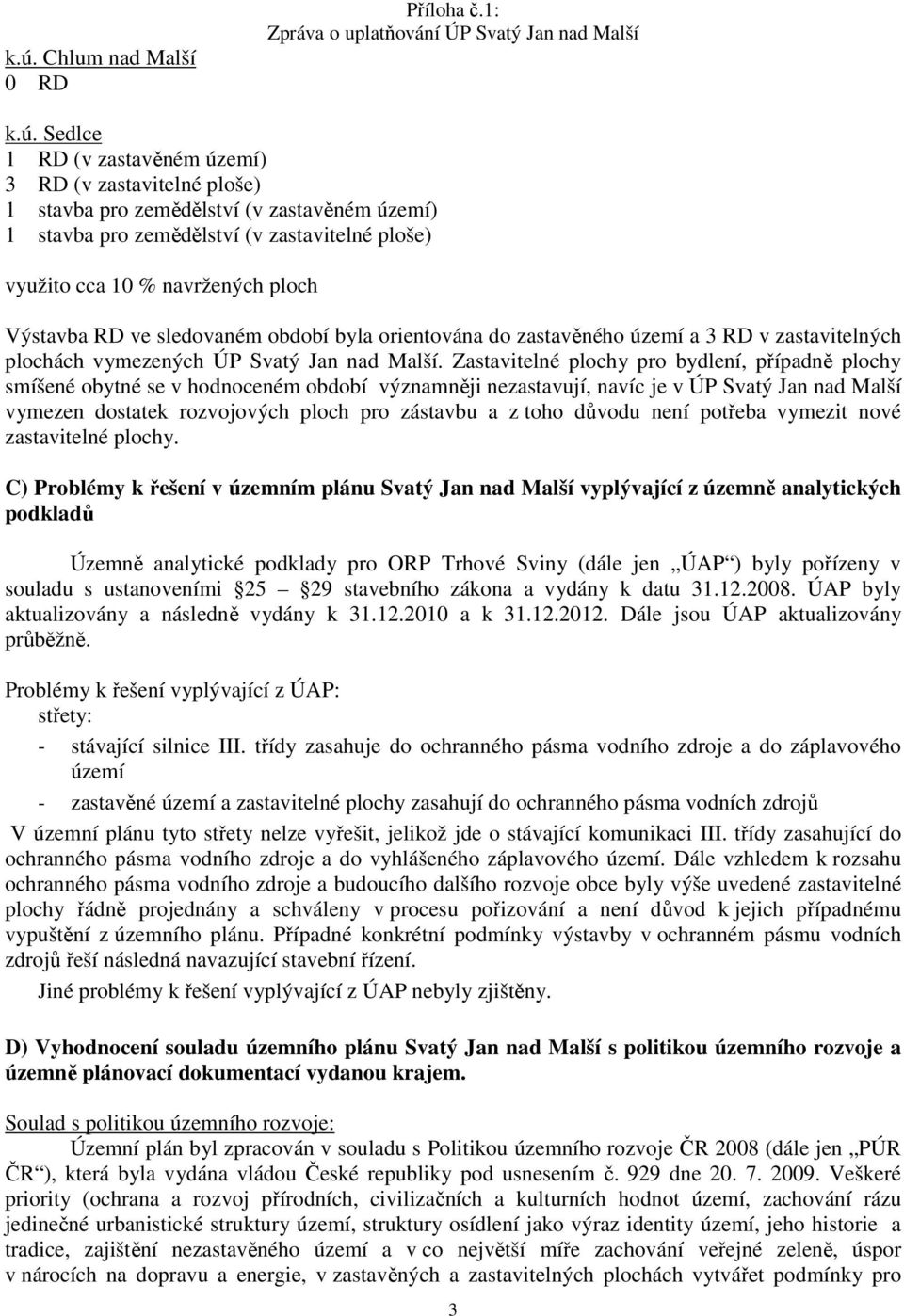 Zastavitelné plochy pro bydlení, případně plochy smíšené obytné se v hodnoceném období významněji nezastavují, navíc je v ÚP Svatý Jan nad Malší vymezen dostatek rozvojových ploch pro zástavbu a z