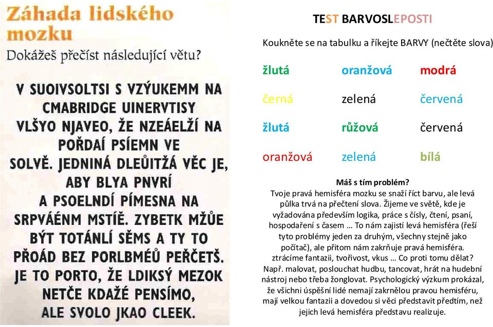 Žijeme ve světě, kde je vyžadována především logika, práce s čísly, čtení, psaní, hospodaření s časem To nám zajistí levá hemisféra (řeší tyto problémy jeden za druhým, všechny stejně jako počítač),