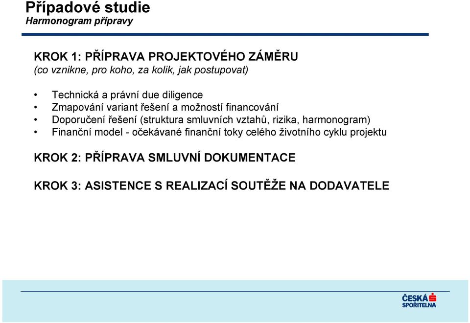 řešení (struktura smluvních vztahů, rizika, harmonogram) Finanční model - očekávané finanční toky celého