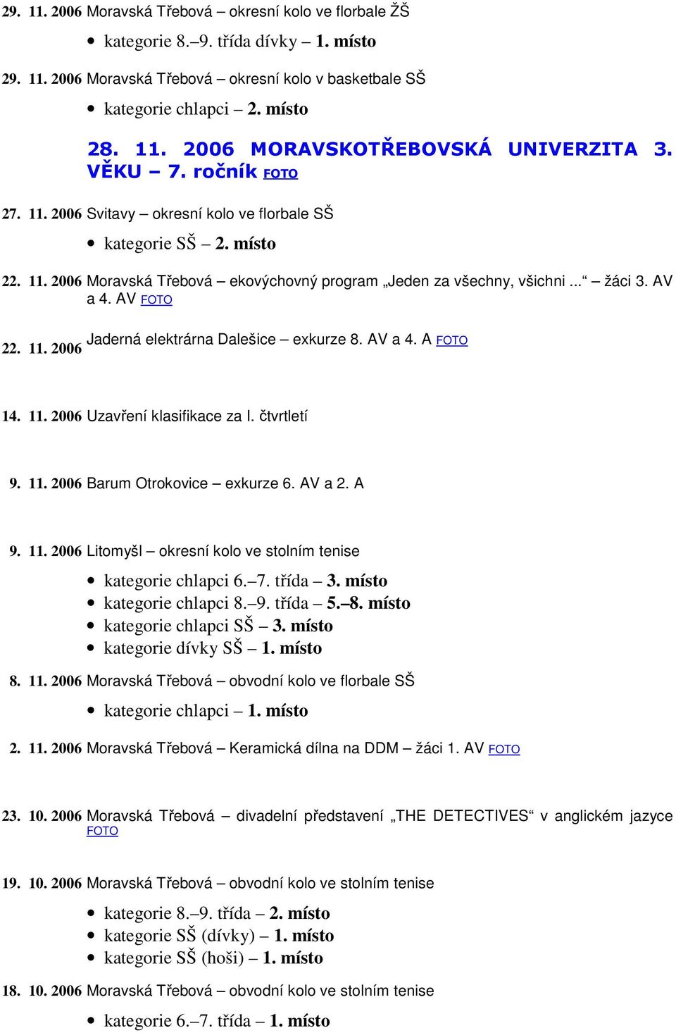 AV FOTO Jaderná elektrárna Dalešice exkurze 8. AV a 4. A FOTO 22. 11. 2006 14. 11. 2006 Uzavření klasifikace za I. čtvrtletí 9. 11. 2006 Barum Otrokovice exkurze 6. AV a 2. A 9. 11. 2006 Litomyšl okresní kolo ve stolním tenise kategorie chlapci 6.