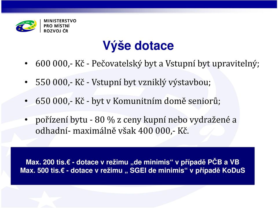 %zceny kupní nebo vydražené a odhadní- maximálně však 400 000,- Kč. Max. 200 tis.