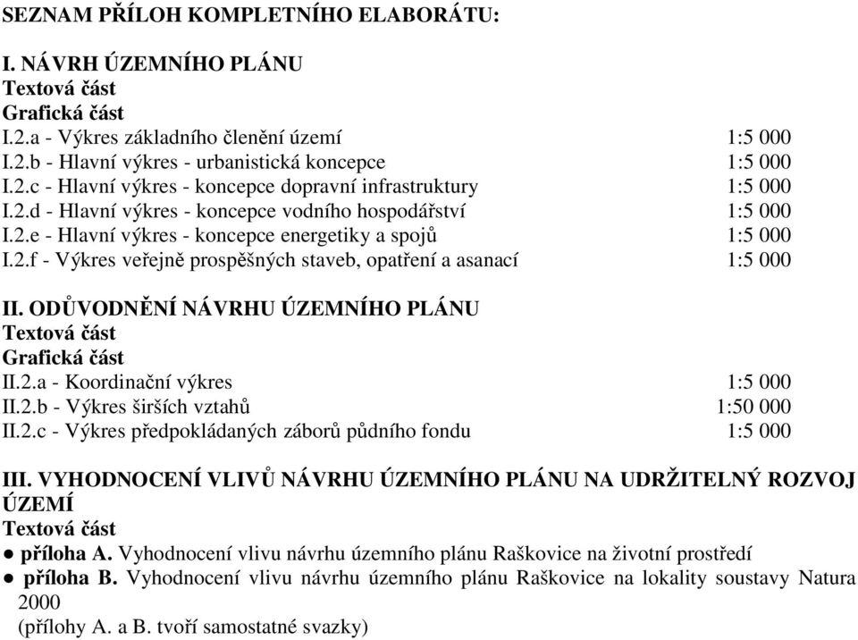 ODŮVODNĚNÍ NÁVRHU ÚZEMNÍHO PLÁNU Textová část Grafická část II.2.a - Koordinační výkres 1:5 000 II.2.b - Výkres širších vztahů 1:50 000 II.2.c - Výkres předpokládaných záborů půdního fondu 1:5 000 III.