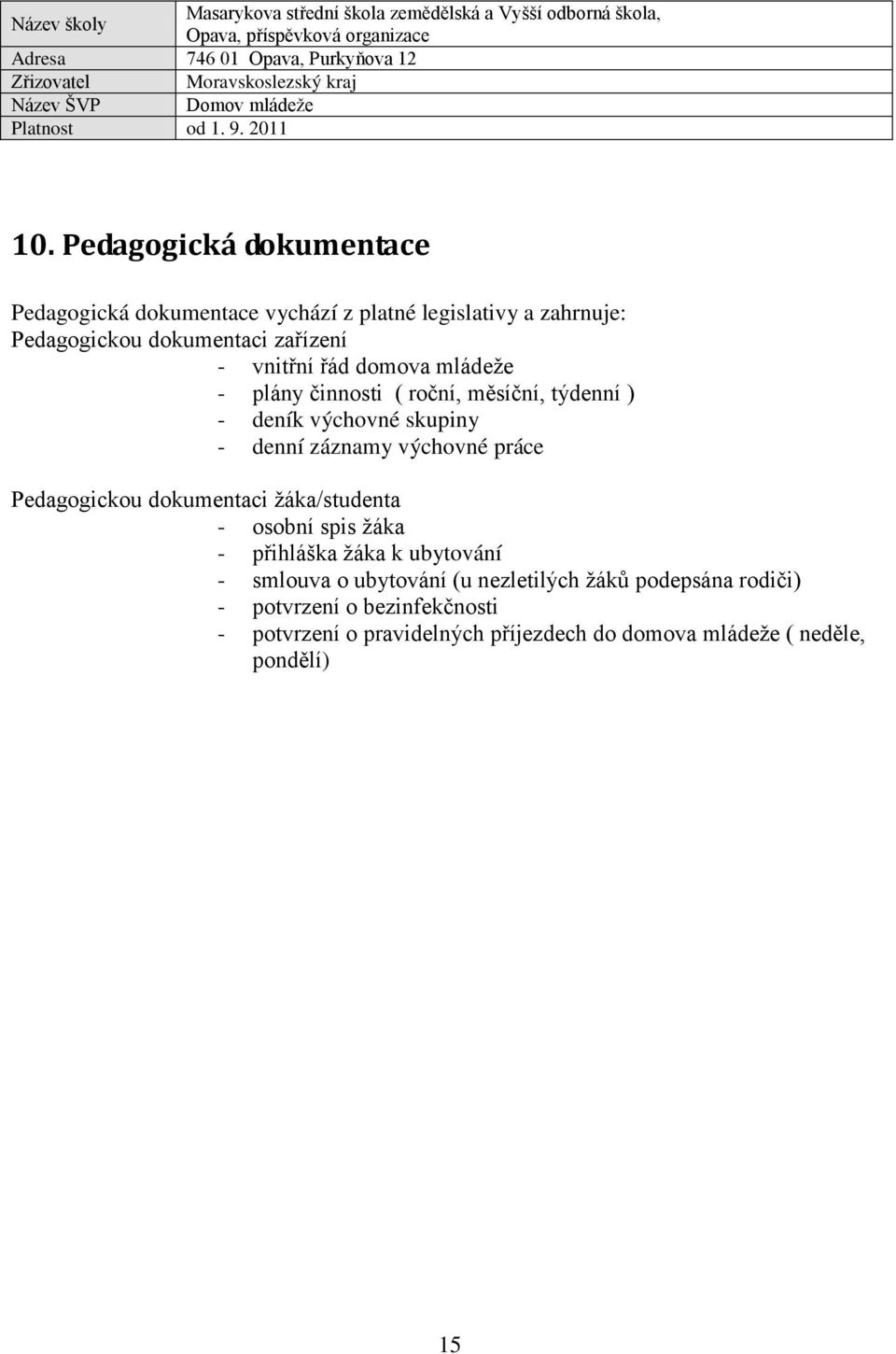 práce Pedagogickou dokumentaci žáka/studenta - osobní spis žáka - přihláška žáka k ubytování - smlouva o ubytování (u