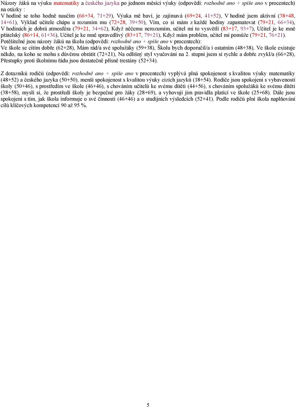 atmosféra (79+21, 34+62), Když něčemu nerozumím, učitel mi to vysvětlí (83+17, 93+7), Učitel je ke mně přátelský (86+14, 61+36), Učitel je ke mně spravedlivý (83+17, 79+21), Když mám problém, učitel