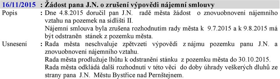 Usnesení : Rada města neschvaluje zpětvzetí výpovědi z nájmu pozemku panu J.N. a znovuobnovení nájemního vztahu.