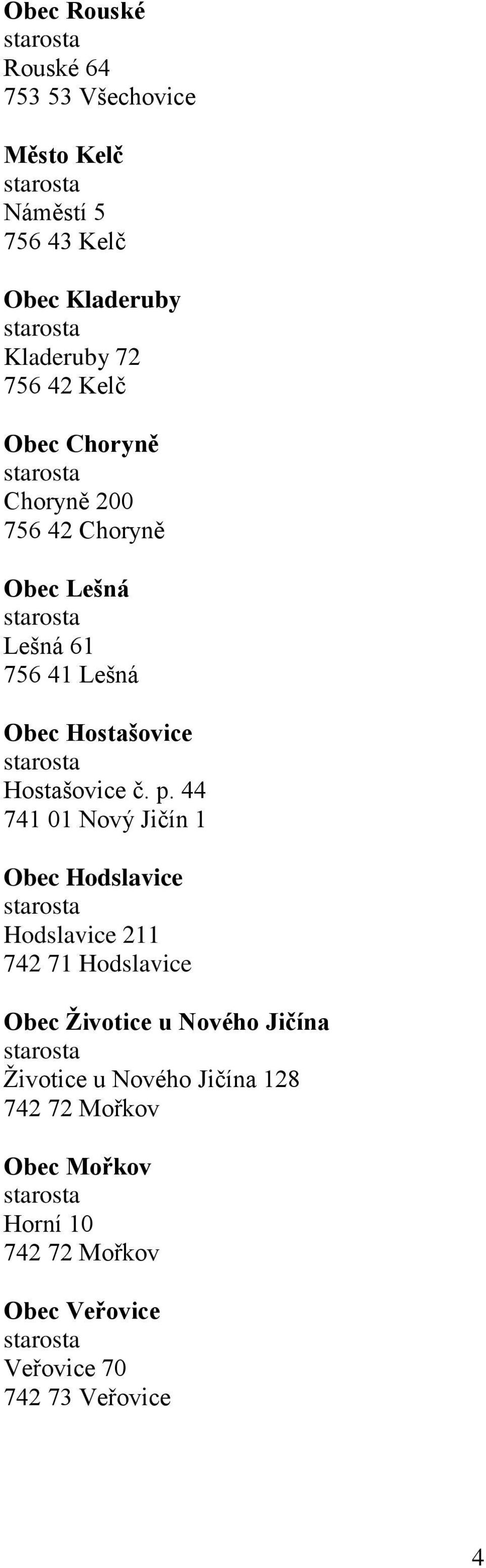 p. 44 741 01 Nový Jičín 1 Obec Hodslavice Hodslavice 211 742 71 Hodslavice Obec Životice u Nového Jičína