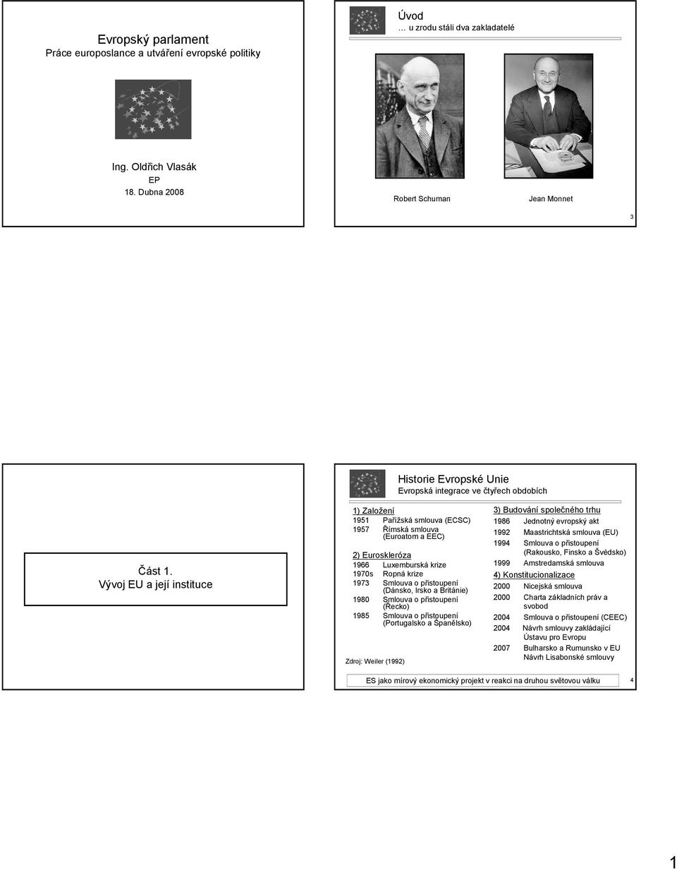 Vývoj EU a její instituce 1) Založení 1951 Pařížská smlouva (ECSC) 1957 Římská smlouva (Euroatom a EEC) 2) Euroskleróza 19 Luxemburská krize 1970s Ropná krize 1973 Smlouva o přistoupení (Dánsko,