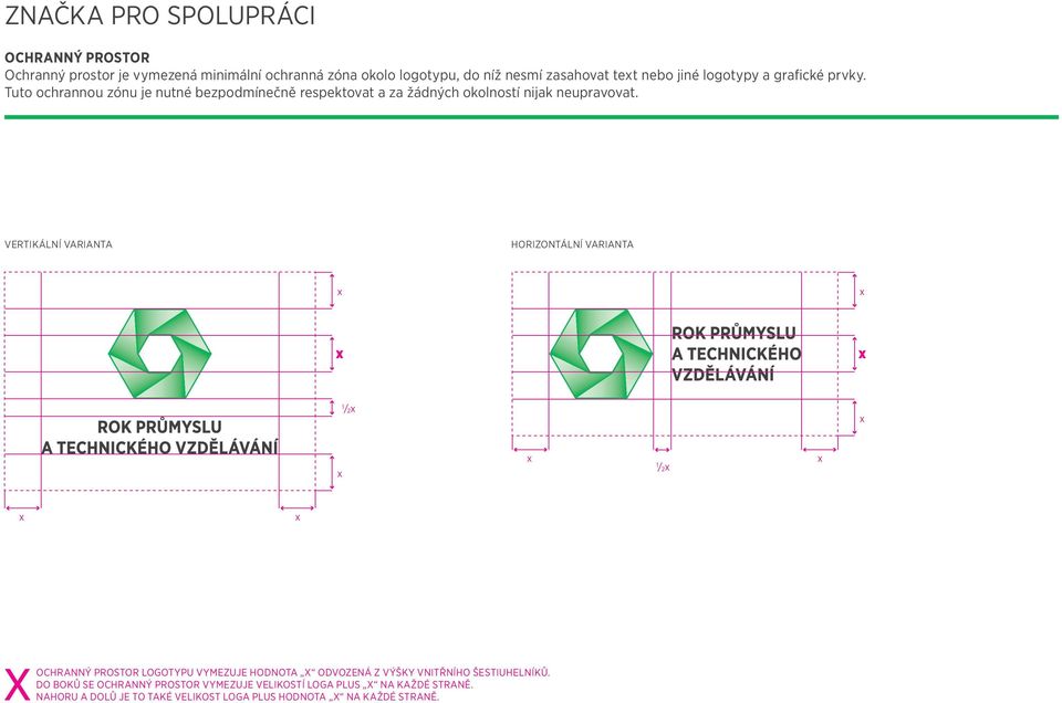 VERTIKÁLNÍ VARIANTA HORIZONTÁLNÍ VARIANTA /2 /2 OCHRANNÝ PROSTOR LOGOTYPU VYMEZUJE HODNOTA X ODVOZENÁ Z VÝŠKY VNITŘNÍHO ŠESTIUHELNÍKŮ.