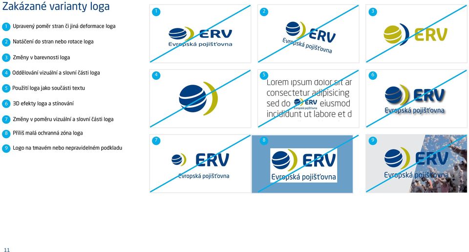 vizuální a slovní části loga 8 Příliš malá ochranná zóna loga 9 Logo na tmavém nebo nepravidelném podkladu 4 7 5 8 Lorem ipsum