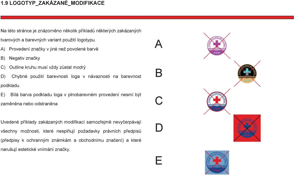 barevnost podkladu E) Bílá barva podkladu loga v plnobarevném provedení nesmí být zaměněna nebo odstraněna A B C Uvedené příklady zakázaných modifikací
