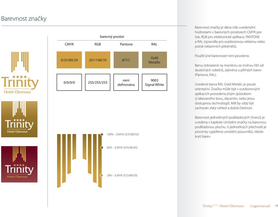 0/25/80/20 201/168/70 871C 0/0/0/0 255/255/255 není definována 100% (CMYK: 0/25/80/55) Gold Metallic 9003 Signal White Použití jiné barevnosti není povoleno.