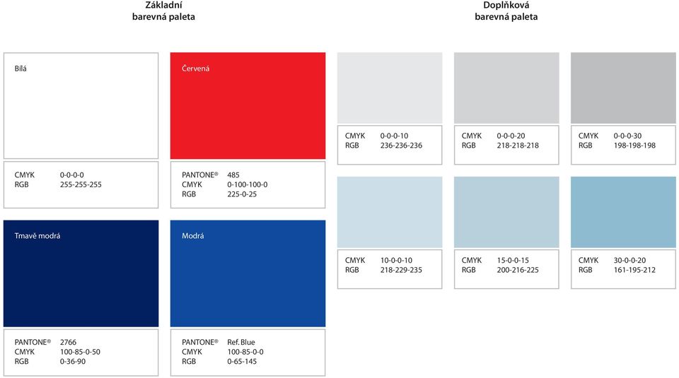 RGB 225-0-25 Tmavě modrá Modrá CMYK 10-0-0-10 RGB 218-229-235 CMYK 15-0-0-15 RGB 200-216-225 CMYK