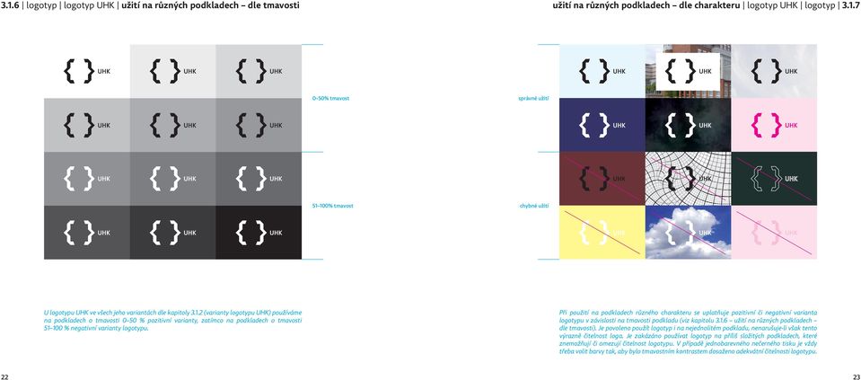 Při použití na podkladech různého charakteru se uplatňuje pozitivní či negativní varianta logotypu v závislosti na tmavosti podkladu (viz kapitolu 3.1.6 užití na různých podkladech dle tmavosti).