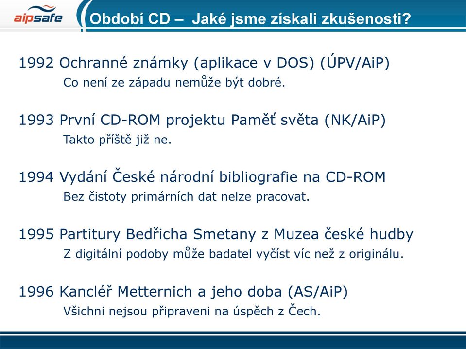 1993 První CD-ROM projektu Paměť světa (NK/AiP) Takto příště již ne.