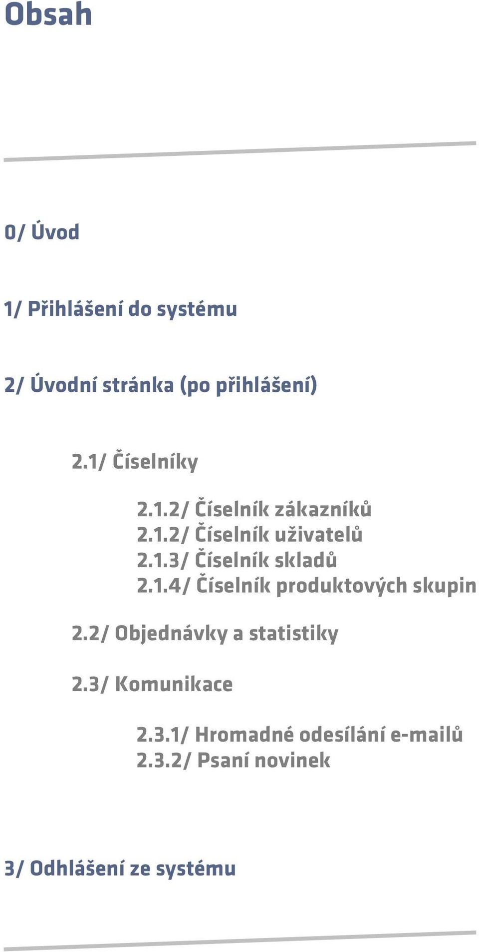 1.4/ Číselník produktových skupin 2.2/ Objednávky a statistiky 2.3/ Komunikace 2.