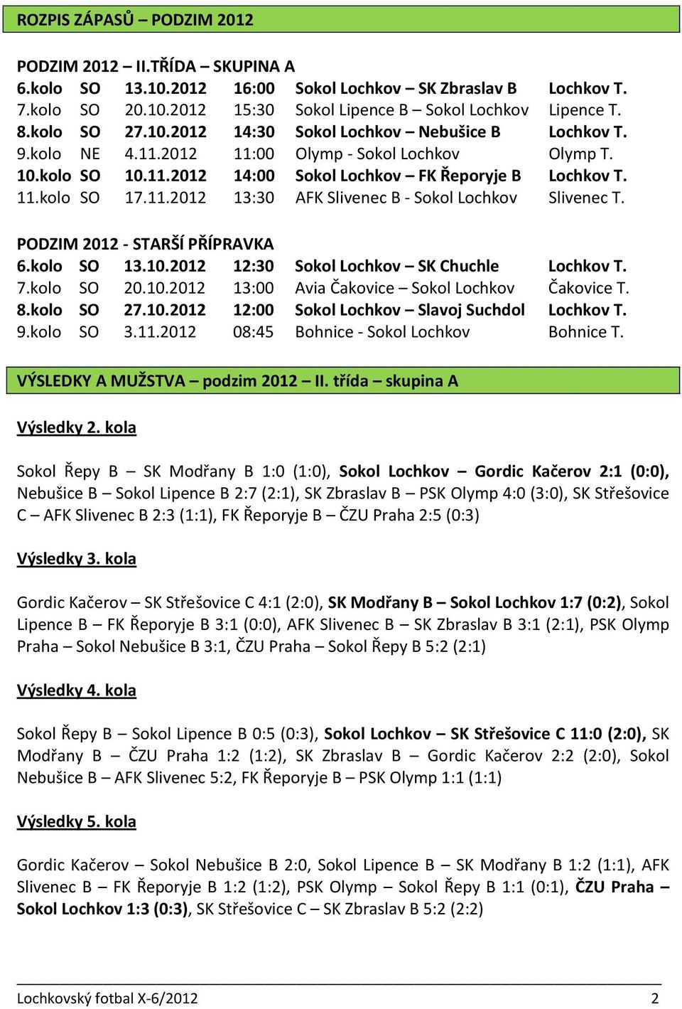 11.2012 13:30 AFK Slivenec B - Sokol Lochkov Slivenec T. PODZIM 2012 - STARŠÍ PŘÍPRAVKA 6.kolo SO 13.10.2012 12:30 Sokol Lochkov SK Chuchle Lochkov T. 7.kolo SO 20.10.2012 13:00 Avia Čakovice Sokol Lochkov Čakovice T.
