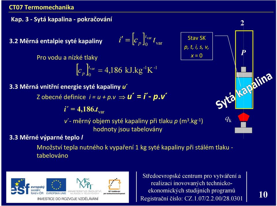 3 Měrná vnitřní energie syté kaaliny u Z obecné definice i = u +.v u = i.