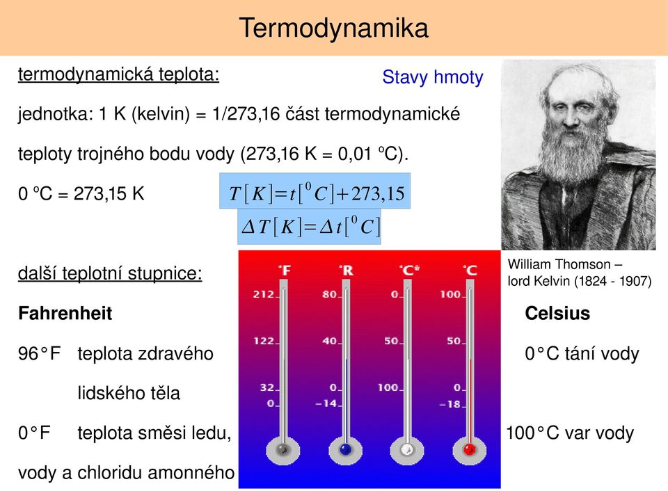 0 o C = 273,15 K T [K ]=t [ 0 C] 273,15 T [ K ]= t [ 0 C] další teplotní stupnice: Fahrenheit William