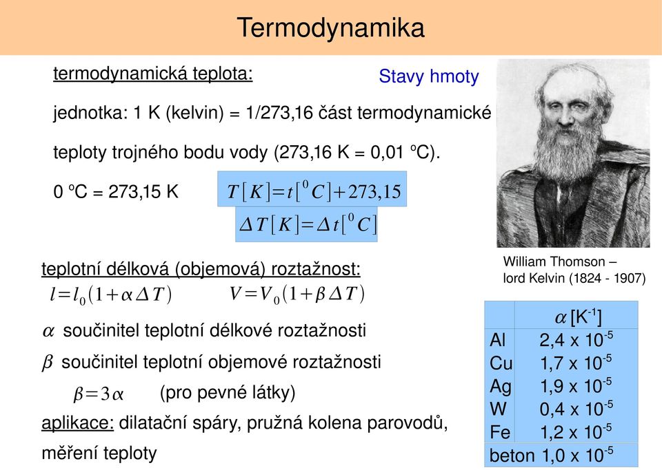 0 o C = 273,15 K T [K ]=t [ 0 C] 273,15 T [ K ]= t [ 0 C] teplotní délková (objemová) roztažnost: l=l 0 1 T V =V 0 1 T součinitel teplotní