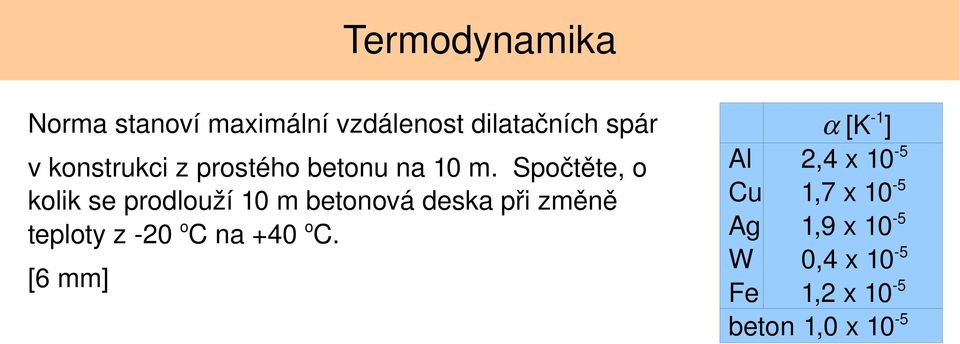 Spočtěte, o kolik se prodlouží 10 m betonová deska při změně teploty z 20