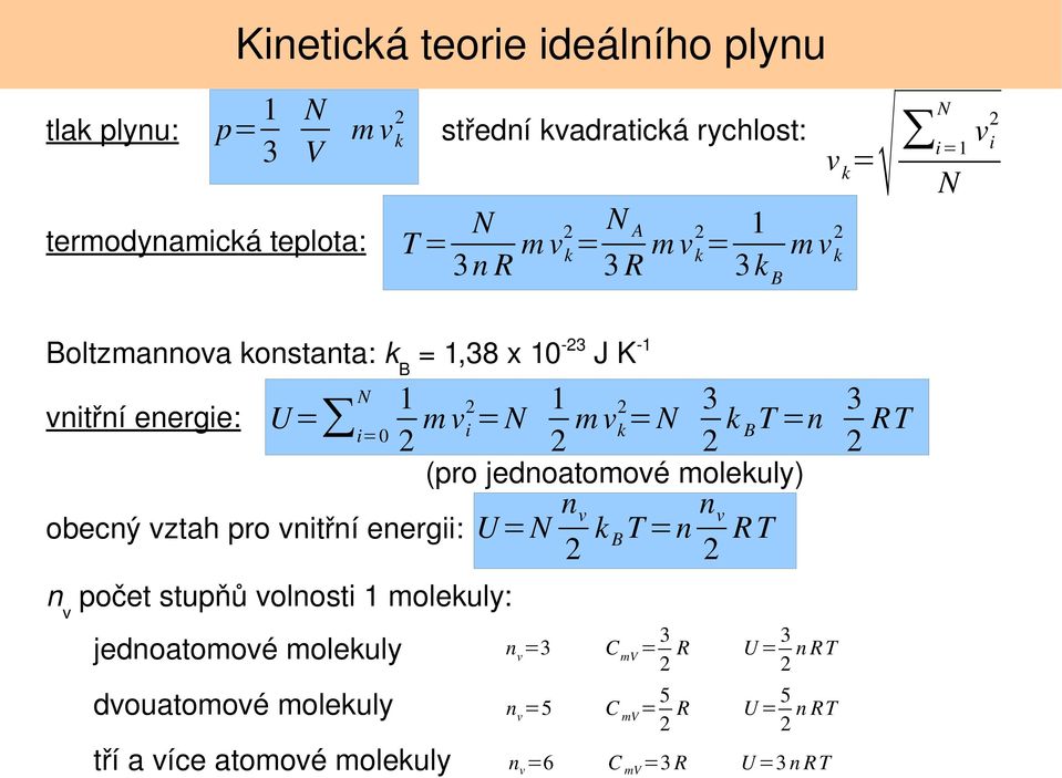 n v počet stupňů volnosti 1 molekuly: jednoatomové molekuly 2 m v 2 i =N 1 2 m v 2 k=n 3 2 k BT =n 3 2 RT (pro jednoatomové molekuly) U=N n v 2 k B T