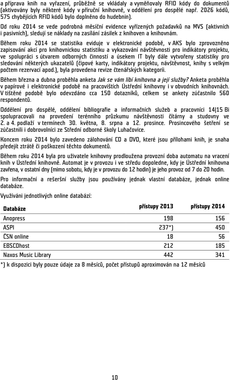 Od roku 2014 se vede podrobná měsíční evidence vyřízených požadavků na MVS (aktivních i pasivních), sledují se náklady na zasílání zásilek z knihoven a knihovnám.