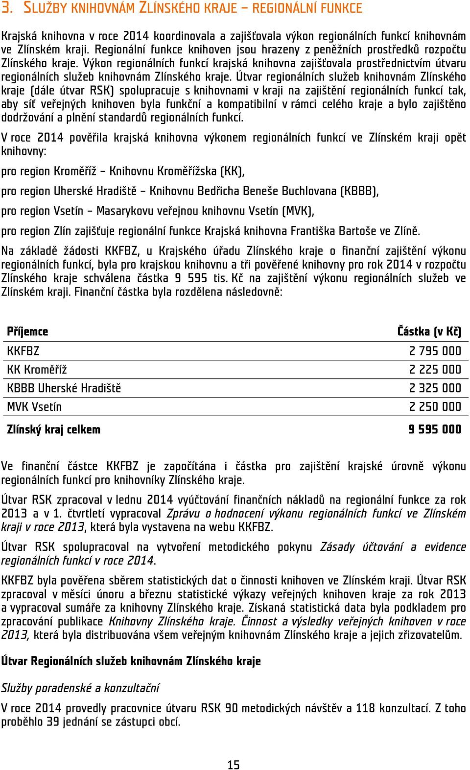 Výkon regionálních funkcí krajská knihovna zajišťovala prostřednictvím útvaru regionálních služeb knihovnám Zlínského kraje.