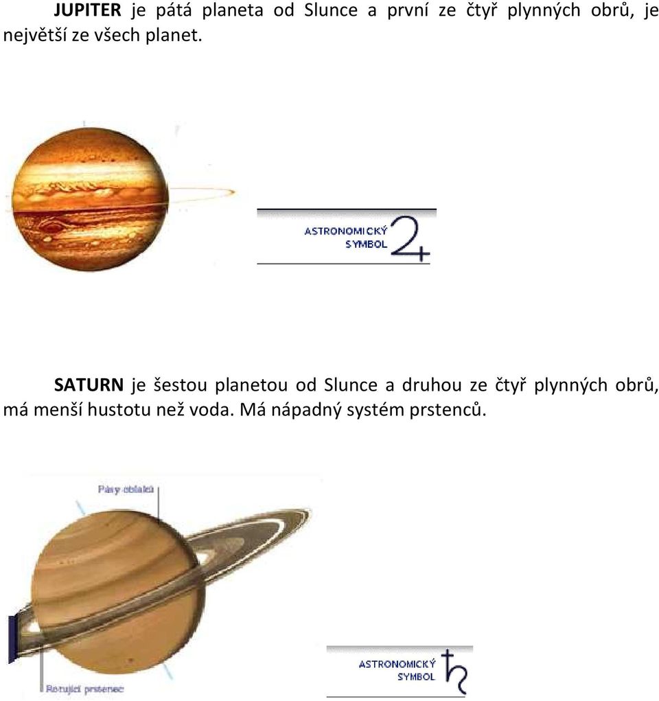 SATURN je šestou planetou od Slunce a druhou ze čtyř