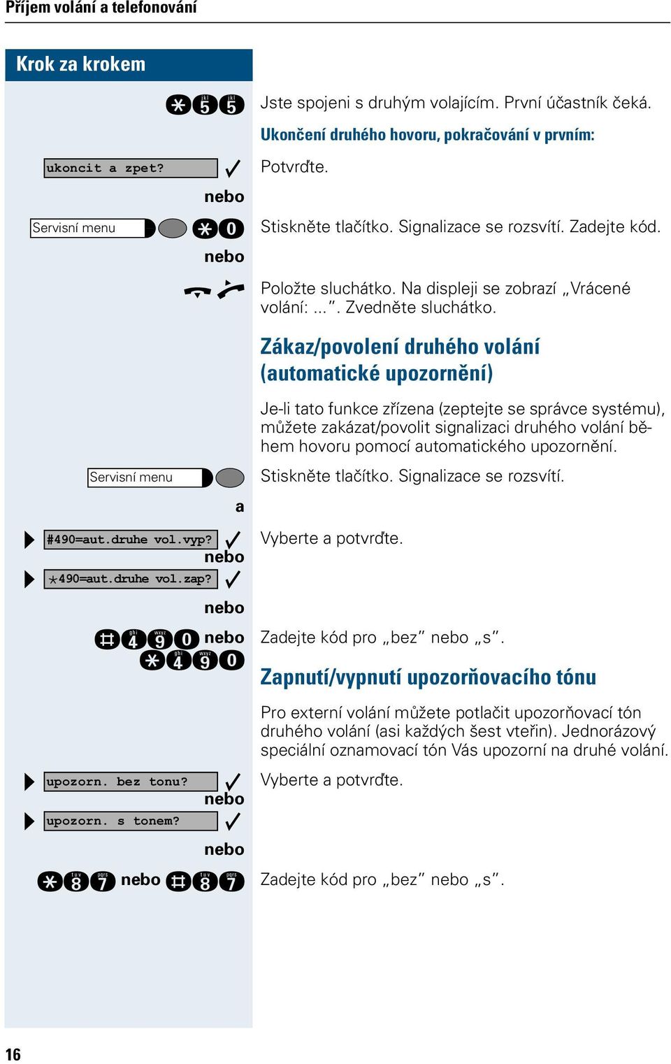 Zákaz/povolení druhého volání (automatické upozornění) a Je-li tato funkce zřízena (zeptejte se správce systému), můžete zakázat/povolit signalizaci druhého volání během hovoru pomocí