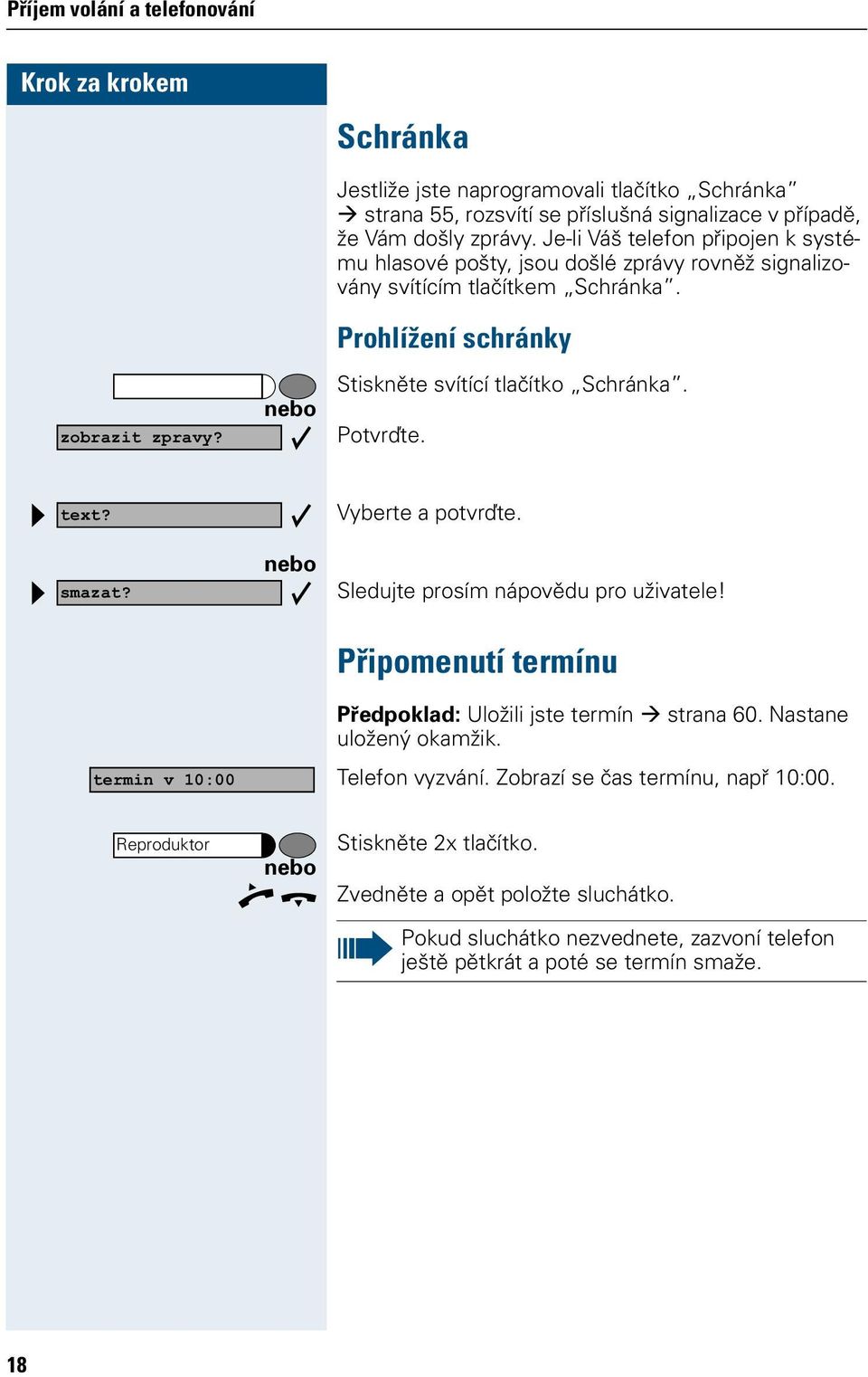 Prohlížení schránky Stiskněte svítící tlačítko Schránka.!" Sledujte prosím nápovědu pro uživatele! Připomenutí termínu Předpoklad: Uložili jste termín strana 60.