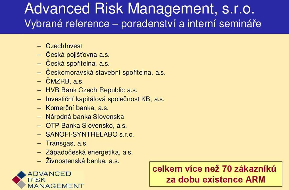 s. Komerční banka, a.s. Národná banka Slovenska OTP Banka Slovensko, a.s. SANOFI-SYNTHELABO s.r.o. Transgas, a.s. Západočeská energetika, a.