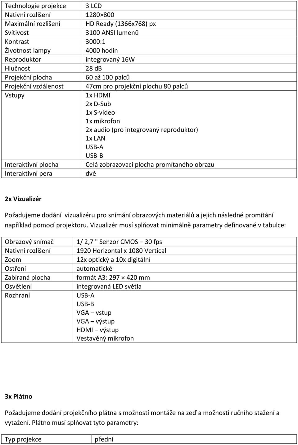 USB-A USB-B Interaktivní plocha Celá zobrazovací plocha promítaného obrazu Interaktivní pera dvě 2x Vizualizér Požadujeme dodání vizualizéru pro snímání obrazových materiálů a jejich následné