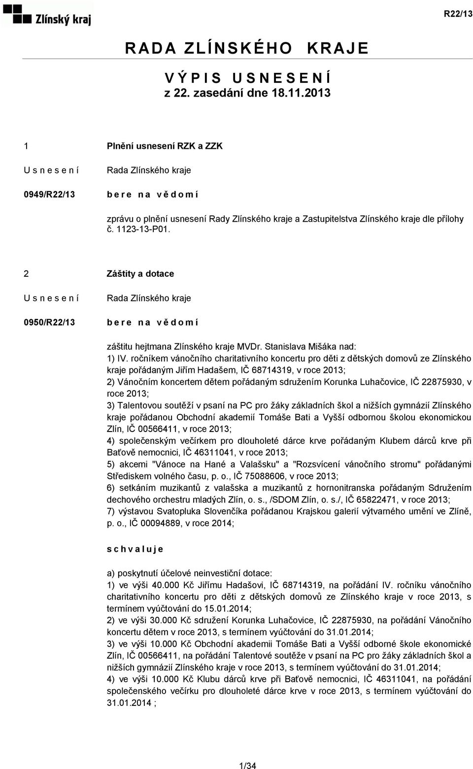 2 Záštity a dotace 0950/R22/13 bere na vědomí záštitu hejtmana Zlínského kraje MVDr. Stanislava Mišáka nad: 1) IV.