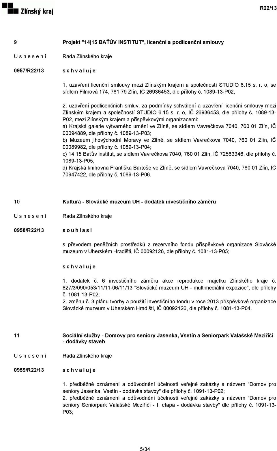 uzavření podlicenčních smluv, za podmínky schválení a uzavření licenční smlouvy mezi Zlínským krajem a společností STUDIO 6.15 s. r. o, IČ 26936453, dle přílohy č.