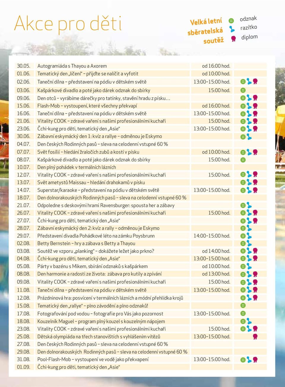 16.06. Taneční dílna představení na pódiu v dětském světě 13:00 15:00 hod. 21.06. Vitality COOK zdravé vaření s našimi profesionálními kuchaři 15:00 hod. 23.06. Čchi-kung pro děti, tematický den Asie 13:00 15:00 hod.