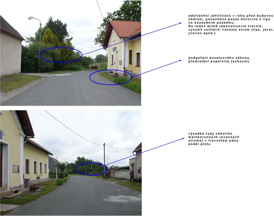 Na tomto místě rekonstruovat trávník, vysadit solitérní listnatý strom (lípa, javor,