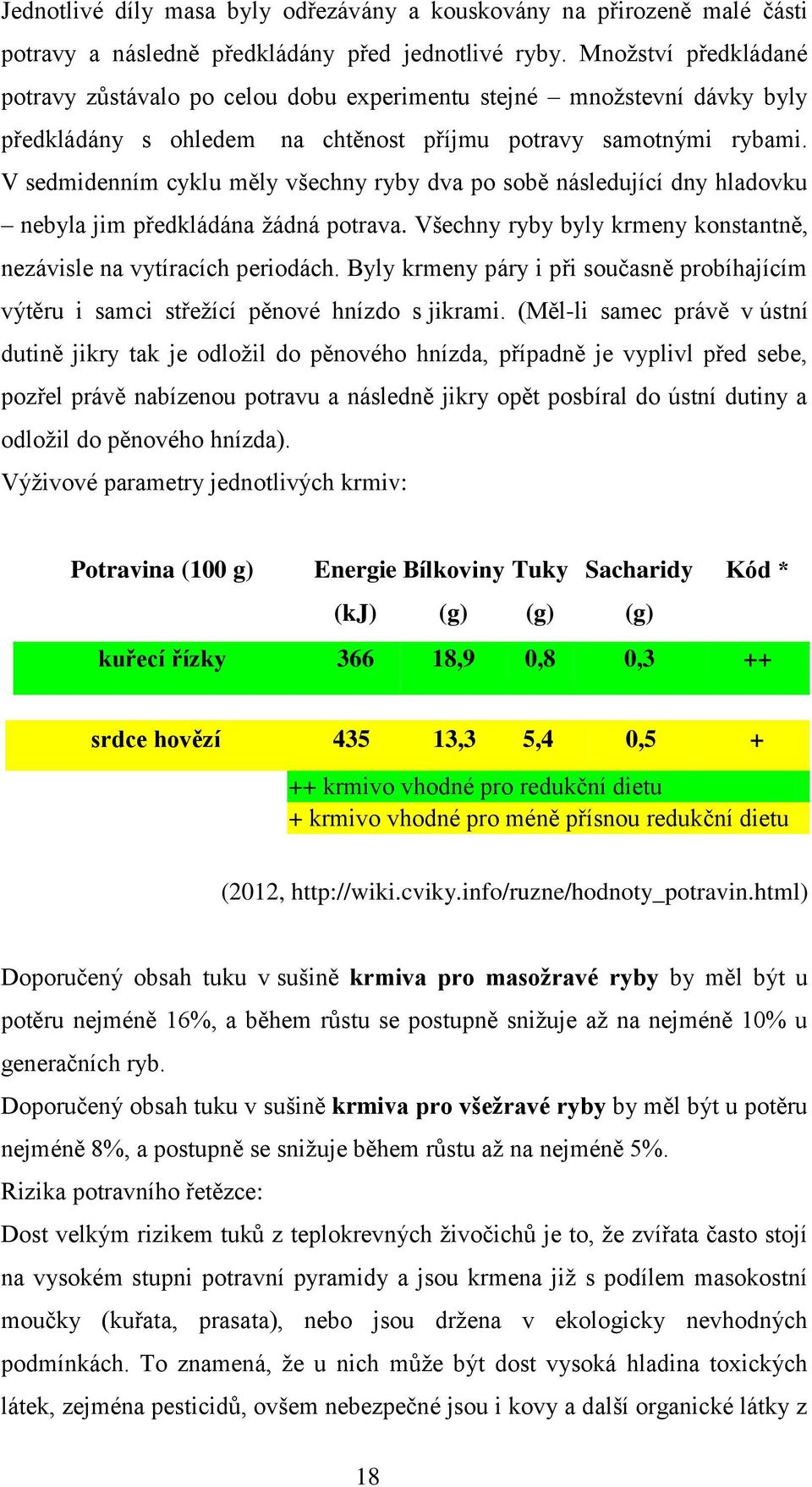 V sedmidenním cyklu měly všechny ryby dva po sobě následující dny hladovku nebyla jim předkládána žádná potrava. Všechny ryby byly krmeny konstantně, nezávisle na vytíracích periodách.