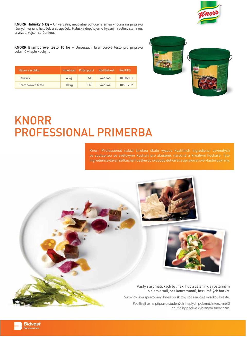 Název výrobku Hmotnost Počet porcí Kód Bidvest Kód UFS Halušky 6 kg 54 646565 10375801 Bramborové těsto 10 kg 117 646564 10581202 KNORR PROFESSIONAL PRIMERBA Knorr Professional nabízí širokou škálu