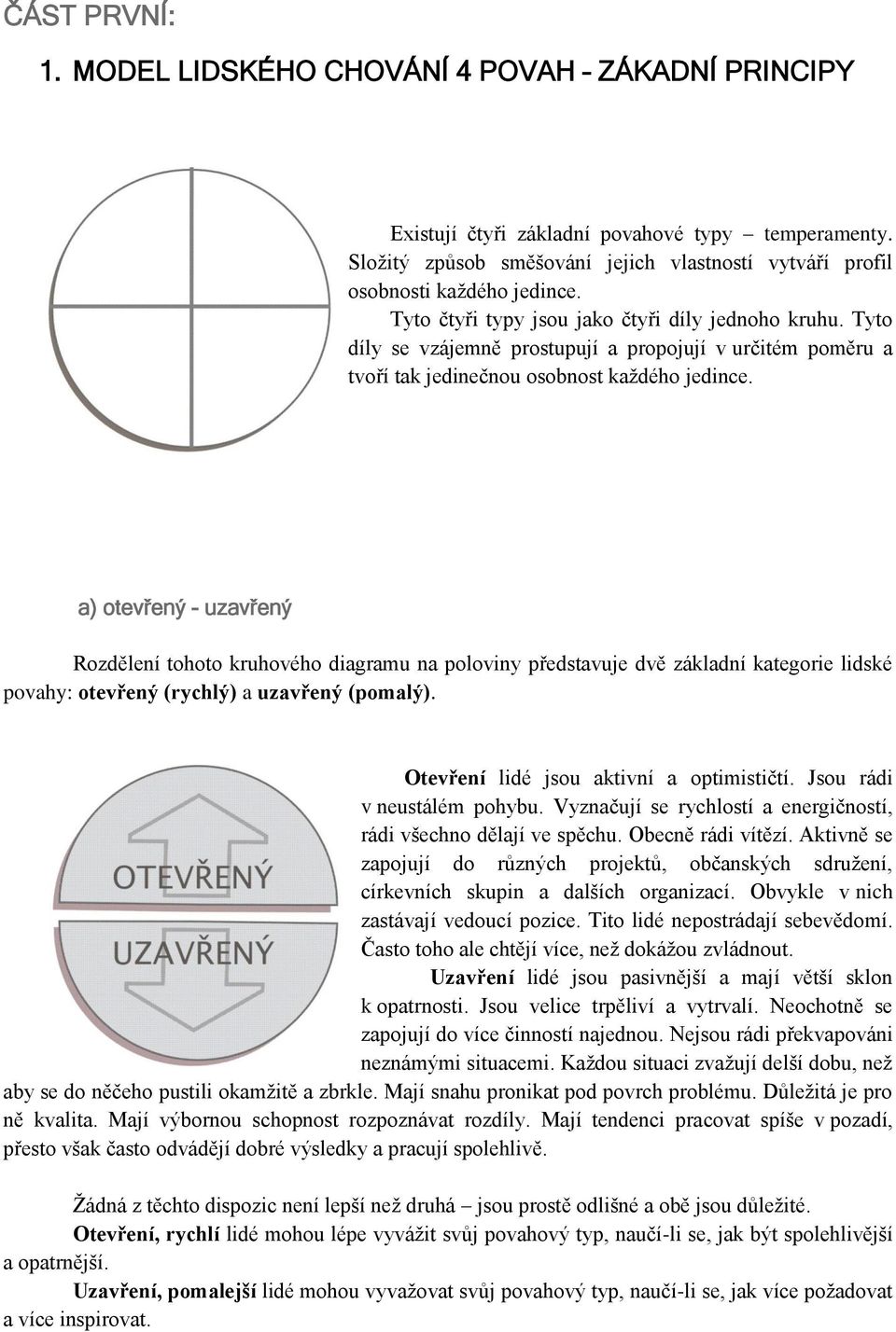 a) otevřený - uzavřený Rozdělení tohoto kruhového diagramu na poloviny představuje dvě základní kategorie lidské povahy: otevřený (rychlý) a uzavřený (pomalý).
