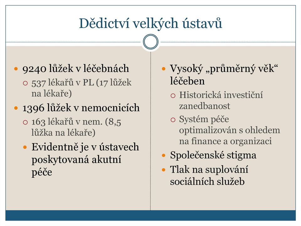 (8,5 lůžka na lékaře) Evidentně je v ústavech poskytovaná akutní péče Vysoký průměrný věk
