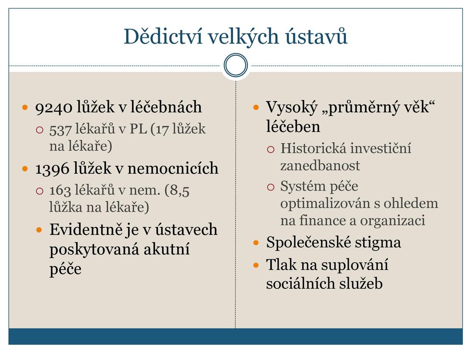 (8,5 lůžka na lékaře) Evidentně je v ústavech poskytovaná akutní péče Vysoký průměrný věk