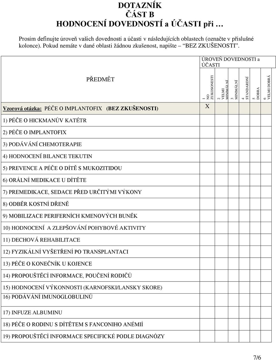 ÚROVEŇ DOVEDNOSTI a ÚČASTI PŘEDMĚT 1 NO ZUKOSONESTI 2 VELMI 3 4 STANDARDNÍ 5 DOBRA 6 VELMI DOBRÁ Vzorová otázka: PÉČE O IMPLANTOFIX (BEZ ZKUŠENOSTI) X 1) PÉČE O HICKMANŮV KATÉTR 2) PÉČE O IMPLANTOFIX