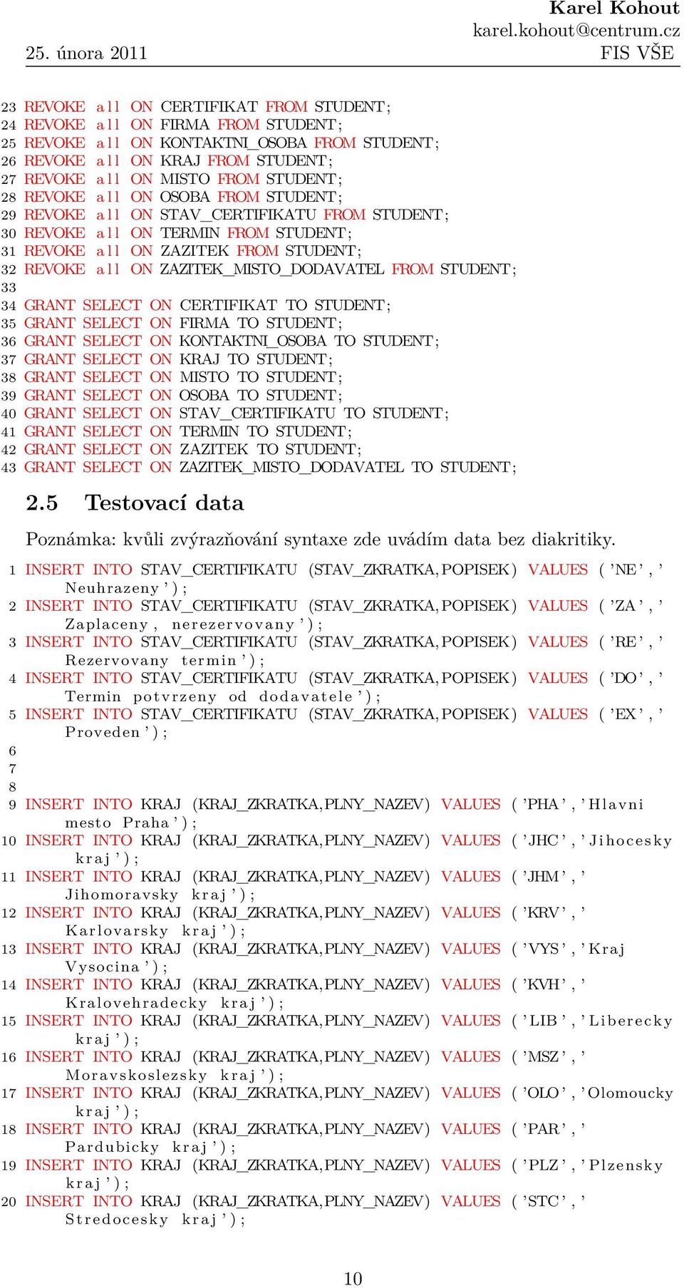 ZAZITEK_MISTO_DODAVATEL FROM STUDENT; 33 34 GRANT SELECT ON CERTIFIKAT TO STUDENT; 35 GRANT SELECT ON FIRMA TO STUDENT; 36 GRANT SELECT ON KONTAKTNI_OSOBA TO STUDENT; 37 GRANT SELECT ON KRAJ TO