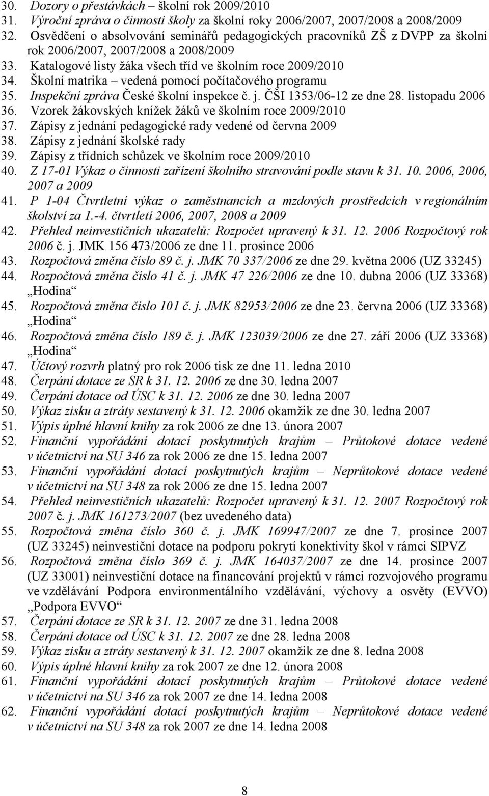 Školní matrika vedená pomocí počítačového programu 35. Inspekční zpráva České školní inspekce č. j. ČŠI 1353/06-12 ze dne 28. listopadu 2006 36.
