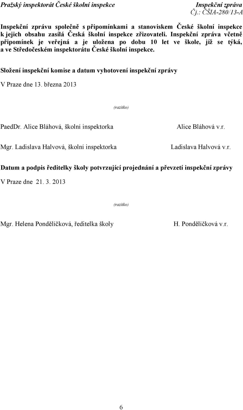 Složení inspekční komise a datum vyhotovení inspekční zprávy V Praze dne 13. března 2013 (razítko) PaedDr. Alice Bláhová, školní inspektorka Alice Bláhová v.r. Mgr.