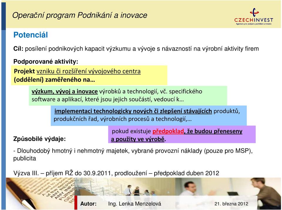 specifického software a aplikací, které jsou jejich součástí, vedoucí k implementaci technologicky nových či zlepšení stávajícíchproduktů, produkčních řad, výrobních procesů a