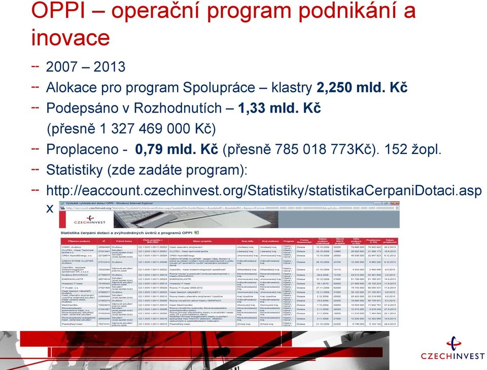 Kč (přesně 1 327 469 000 Kč) Proplaceno - 0,79 mld. Kč (přesně 785 018 773Kč).