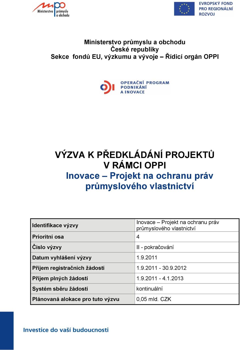 práv průmyslového vlastnictví Číslo výzvy II - pokračování Datum vyhlášení výzvy 1.9.2011 Příjem registračních žádostí 1.9.2011-30.