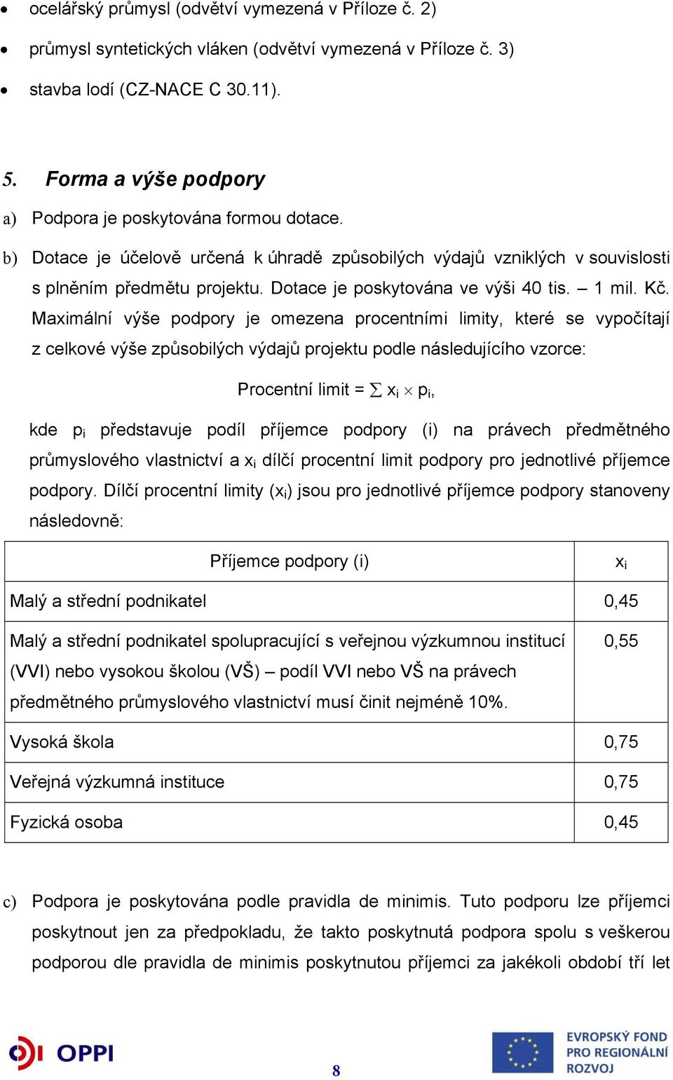 Dotace je poskytována ve výši 40 tis. 1 mil. Kč.