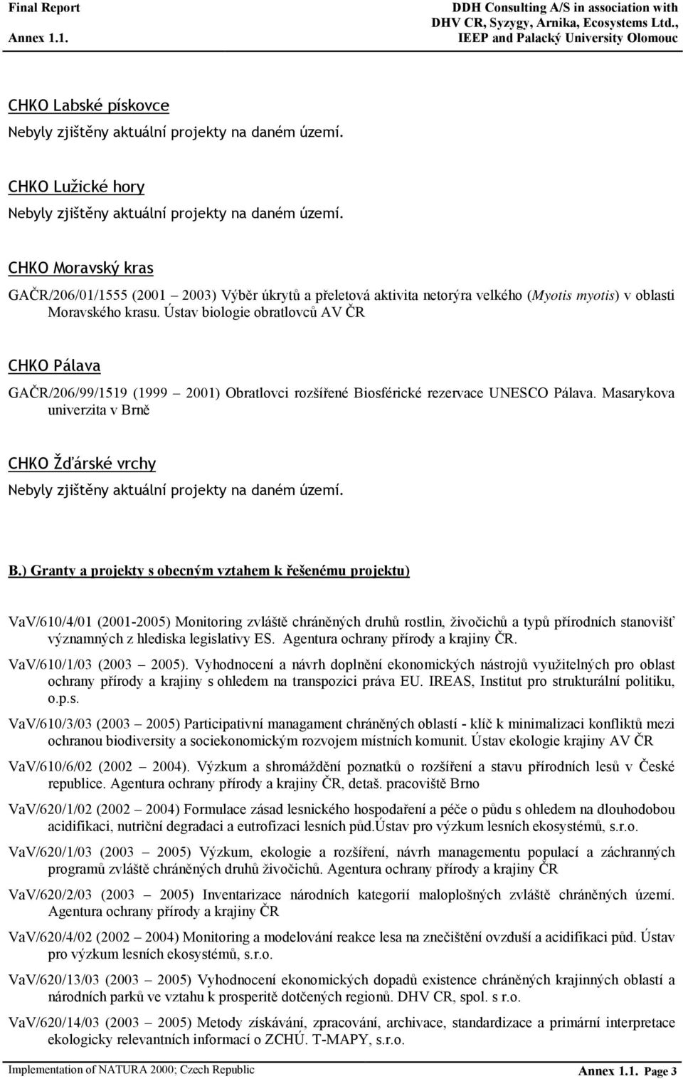 ) Granty a projekty s obecným vztahem k řešenému projektu) VaV/610/4/01 (2001-2005) Monitoring zvláště chráněných druhů rostlin, živočichů a typů přírodních stanovišť významných z hlediska